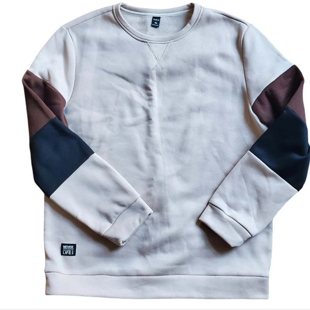 SHEIN Mens Beige Colorblock Long Sleeve Sweatshirt‎ Size 2XL